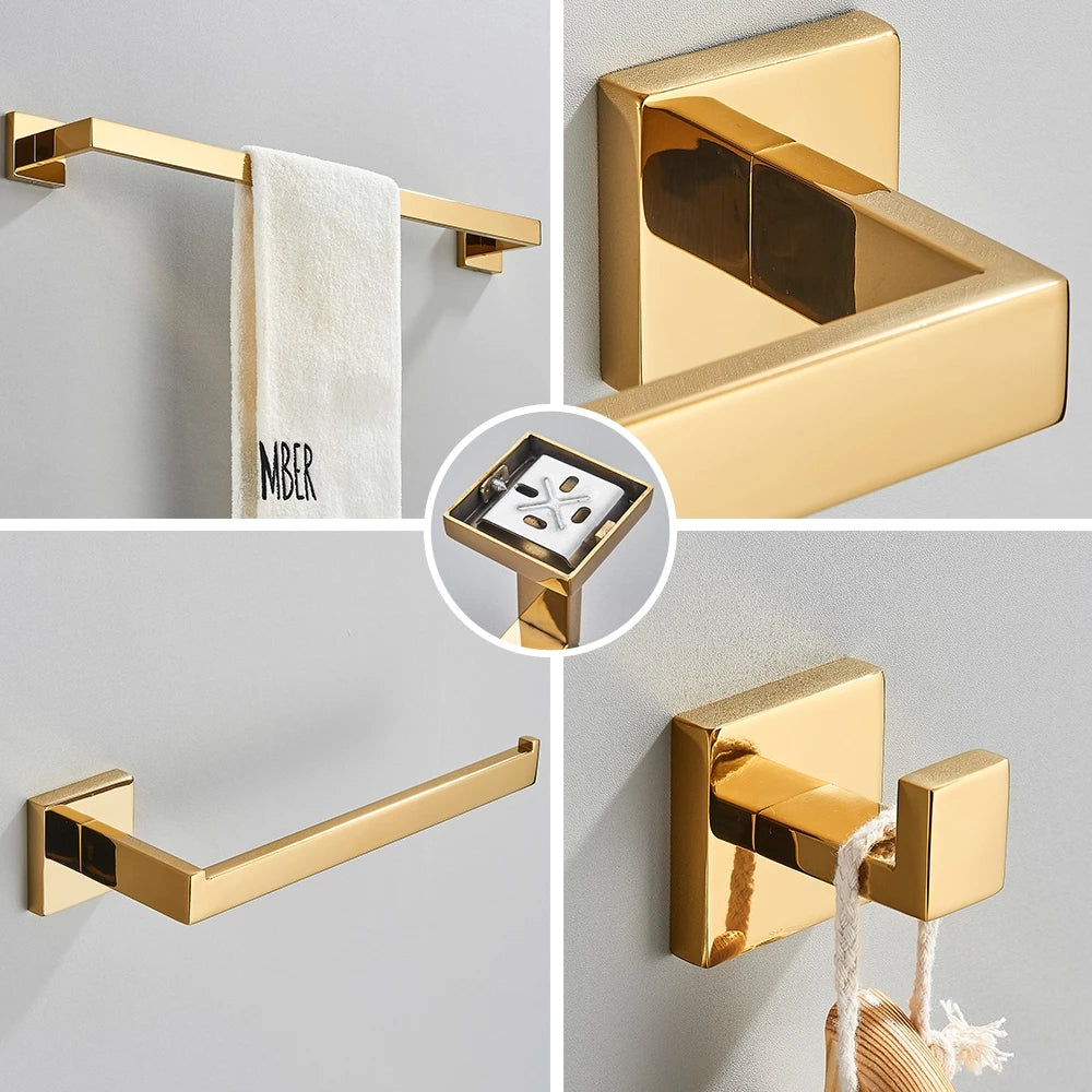 Complete 4-Piece Bathroom Accessories Set Inox 40/60cm Brushed Gold Towel Rail